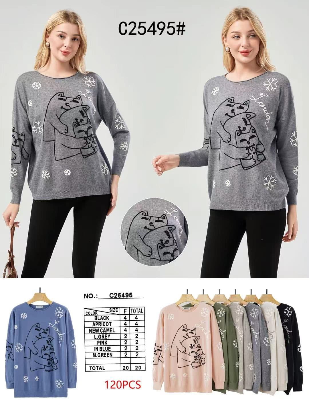 Sweter z haftowanymi kotami i śnieżynkami