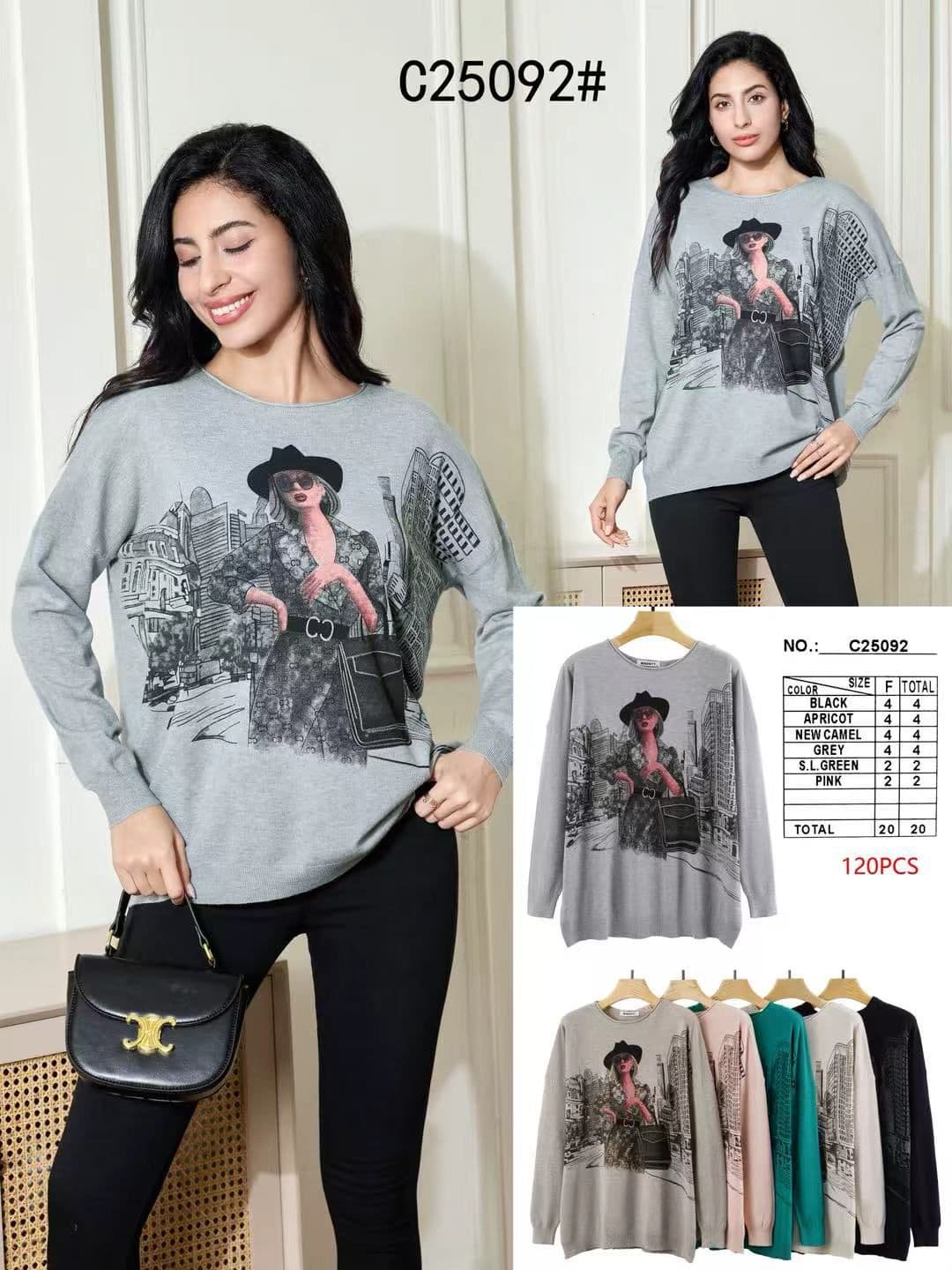 Sweter z nadrukiem sylwetki na tle miasta